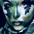 Beautiful young fashion woman with military style clothing and face paint make-up, khaki colors, halloween celebration Royalty Free Stock Photo