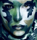 Beautiful young fashion woman with military style clothing and face paint make-up, khaki colors, halloween celebration Royalty Free Stock Photo