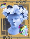 Beautiful young female gold face and colorful flowers on textured background. Plaster antique bust of Venus in a floral