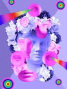 Beautiful young female pink face and colorful flowers on textured background . Plaster antique bust of Venus in a floral