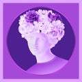 Beautiful young female violet face and colorful flowers. Plaster antique bust of Venus in a floral wreath. Beauty spring