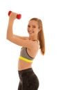 Beautiful young fit woman works out with dumbbells isolated over Royalty Free Stock Photo