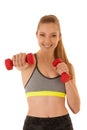 Beautiful young fit woman works out with dumbbells isolated over Royalty Free Stock Photo