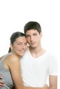 Beautiful young fresh modern couple hug on white