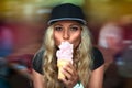 Beautiful young funny woman eating ice cream Royalty Free Stock Photo