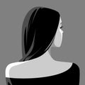 Beautiful thoughtful woman with long black hair wearing black dress, romantic grayscale portrait