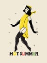 Beautiful young girl in banana costume. Hot summer concept for advertising. Poster, sticker templates Vector background Royalty Free Stock Photo