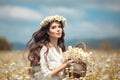 Beautiful young girl with basket of flowers over chamomile field. Carefree happy brunette woman with healthy wavy hair having fun Royalty Free Stock Photo