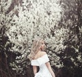 Beautiful young girl in a beautiful white dress near a flowering tree. Royalty Free Stock Photo
