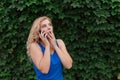 Beautiful young girl in a blue dress talking on the phone. Against the background of wild grapes, summer day. Copy space Royalty Free Stock Photo