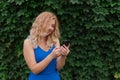 Beautiful young girl in a blue dress typing a message on the phone. Against the background of wild grapes, summer day. Copy space Royalty Free Stock Photo