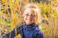 A beautiful, beautiful and young girl in a blue sweater is smiling in the reeds on the bank of the river, her hair backlit by the Royalty Free Stock Photo