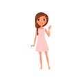 Beautiful young girl with brown hair wearing little pink dress and sandals. Cartoon teenager character standing and