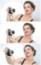 Beautiful young girl with creative make-up and hair style taking photos of herself with a camera. Fashionable attractive woman Royalty Free Stock Photo