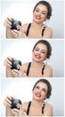 Beautiful young girl with creative make-up and hair style taking photos of herself with a camera. Fashionable attractive woman Royalty Free Stock Photo