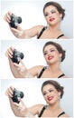 Beautiful young girl with creative make-up and hair style taking photos of herself with a camera. Fashionable attractive woman Royalty Free Stock Photo