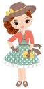 Beautiful Young Girl Dressed in Retro Style. Vector Retro Girl Royalty Free Stock Photo