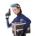 Beautiful young girl in goggles with box. Royalty Free Stock Photo