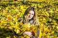 The beautiful young girl a happy woman smiling and holding a yellow maple leaves walking in autumn park Royalty Free Stock Photo