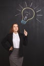 The young girl has a great idea and raises her finger up pointing to a lightbulb on the board. Royalty Free Stock Photo