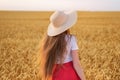 Beautiful young girl in hat walking through wheat field. Rear view Royalty Free Stock Photo