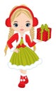 Beautiful Young Girl Holding Christmas Gift Box. Vector Christmas Girl Royalty Free Stock Photo