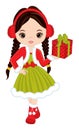 Beautiful Young Girl Holding Christmas Gift Box. Vector Christmas Girl Royalty Free Stock Photo