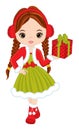 Beautiful Young Girl Holding Christmas Gift Box. Vector Christmas Girl Royalty Free Stock Photo