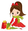 Beautiful Young Girl Holding Christmas Gift Boxes. Vector Christmas Girl Royalty Free Stock Photo