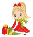 Beautiful Young Girl Holding Christmas Gift Boxes. Vector Christmas Girl Royalty Free Stock Photo