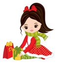 Beautiful Young Girl Holding Christmas Gift Boxes. Vector Christmas Girl Royalty Free Stock Photo