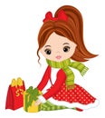 Beautiful Young Girl Holding Christmas Gift Boxes. Vector Christmas Girl Royalty Free Stock Photo