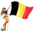 Beautiful young girl holding flag of belgium. Football soccer fan cheerleader