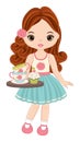 Beautiful Young Girl Holding Tea Cups and Cupcake. Vector Tea Party