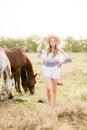 A beautiful young girl, with light curly hair in a straw hat near horses, in the countryside, warm autumn Royalty Free Stock Photo
