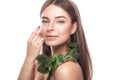 Beautiful young girl with a light natural make-up and perfect skin with Green branch in her hand . Beauty face. Royalty Free Stock Photo