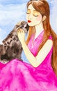 Beautiful young girl with long brown hair and in pink dress petting her pet cat.The girl closed her eyes and dreams.Watercolor Royalty Free Stock Photo