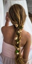 Beautiful young girl with long hair flowers the tenderness of the mystery in a braid steed back Royalty Free Stock Photo