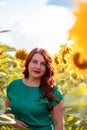 Beautiful young girl with long hair in green summer dress in a sunflower field at sunset day Royalty Free Stock Photo