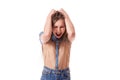 Shows different emotions, Portrait of a beautiful female model wearing denim shorts and brown shirt on white background