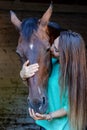 Beautiful young girl looks after her horse in the stable.