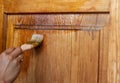 Beautiful young girl paints a wooden door. Summer work in the garden