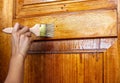 Beautiful young girl paints a wooden door. Summer work in the garden