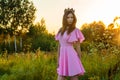 Beautiful young girl in pink dress with crown on head at sunset Royalty Free Stock Photo