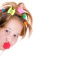 Beautiful young girl posing with red lips props.