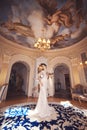 A beautiful young girl in a powdery wedding dress on the background of the interiors of a luxurious historical apartment. Royalty Free Stock Photo