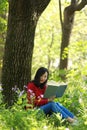 Beautiful young girl reading book while sitting under giant oak