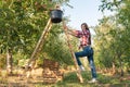 Beautiful young girl, in a red plaid shirt, and jeans, leaned on the stairs and looks at the camera, autumn harvest Royalty Free Stock Photo