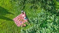 Beautiful young girl relaxing on grass, having summer picnic in park outdoors, aerial view from above Royalty Free Stock Photo