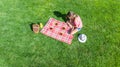 Beautiful young girl relaxing on grass, having summer picnic in park outdoors, aerial view from above Royalty Free Stock Photo